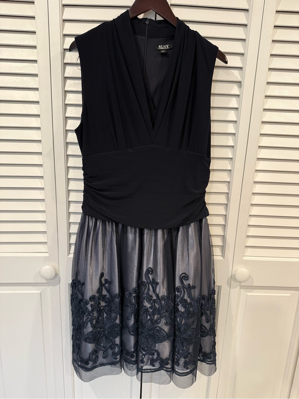 SLNY Black Sleeveless V-Neck Midi Dress with Embroidered Overlay